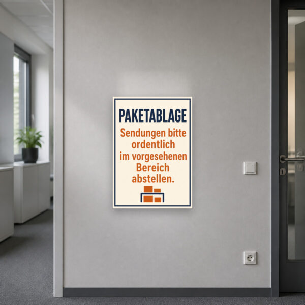KI-generiertes Anwendungsbeispiel: Paketablage Schild mit Paketen im Eingangsbereich und klarer Abstellanweisung.