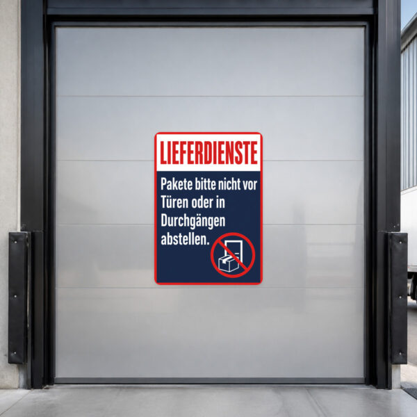 KI-generiertes Anwendungsbeispiel: Lieferdienste Aufkleber im Hausflur mit Hinweis gegen Paketablage vor Türen.