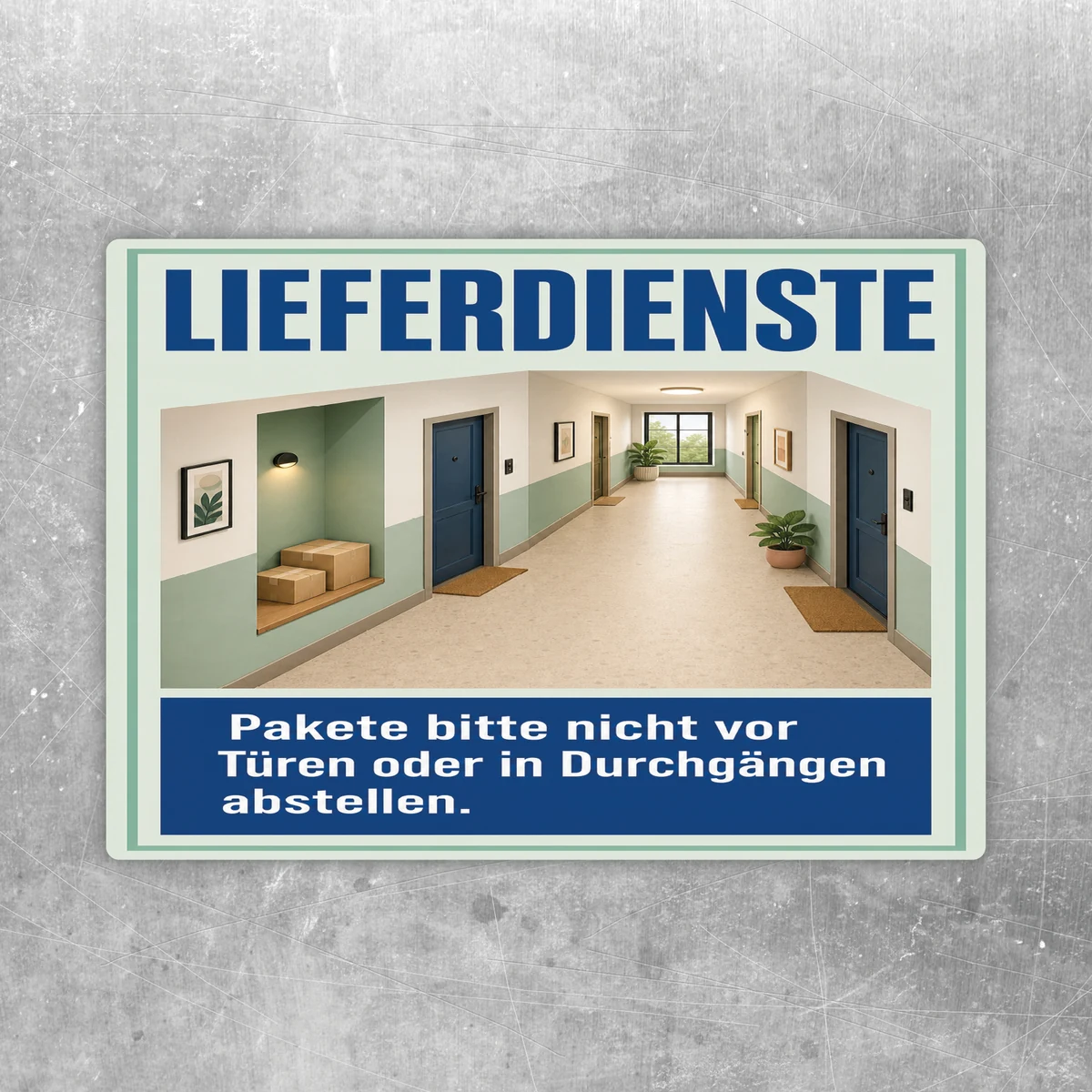 Lieferdienste Aufkleber mit Flurmotiv und Hinweis, Pakete nicht vor Türen oder in Durchgängen abzustellen.