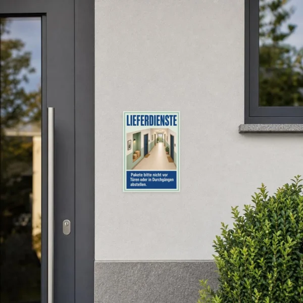 KI-generiertes Anwendungsbeispiel: Lieferdienste Aufkleber im Hausflur mit Hinweis gegen Paketablage vor Türen.