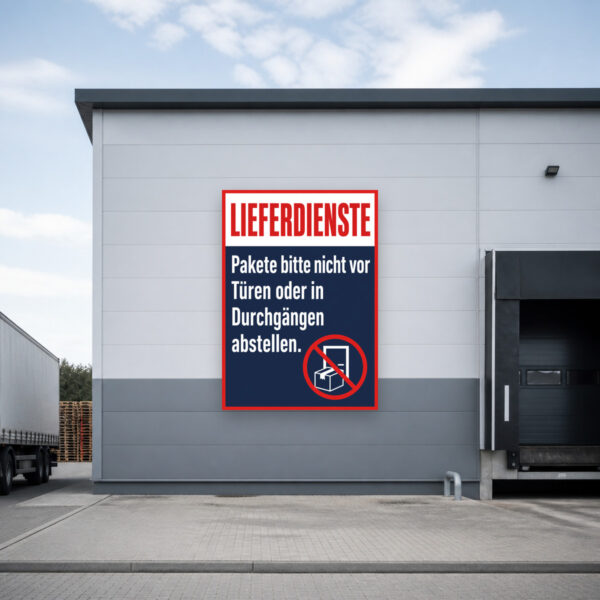 KI-generiertes Anwendungsbeispiel: Lieferdienste Schild zur Paketablage, Türen und Durchgänge im Hausflur freihalten.