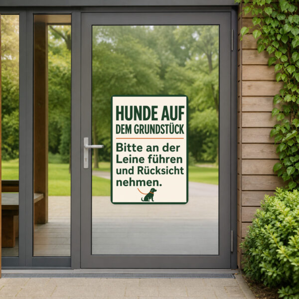 KI-generiertes Anwendungsbeispiel: Hunde auf dem Grundstück Aufkleber an grauer Fläche mit Motiv Hund an der Leine.