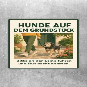 Hunde auf dem Grundstück Aufkleber im Hochformat mit Hund an der Leine und Text Bitte an der Leine führen.