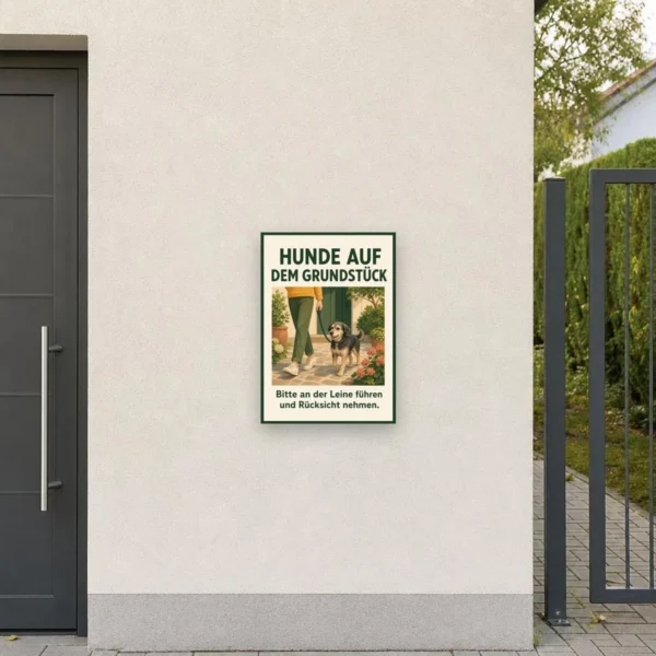 KI-generiertes Anwendungsbeispiel: Hunde anleinen Schild „Hunde auf dem Grundstück“ am passenden Einsatzort mit gut sichtbarem Motiv und klarer Beschriftung.
