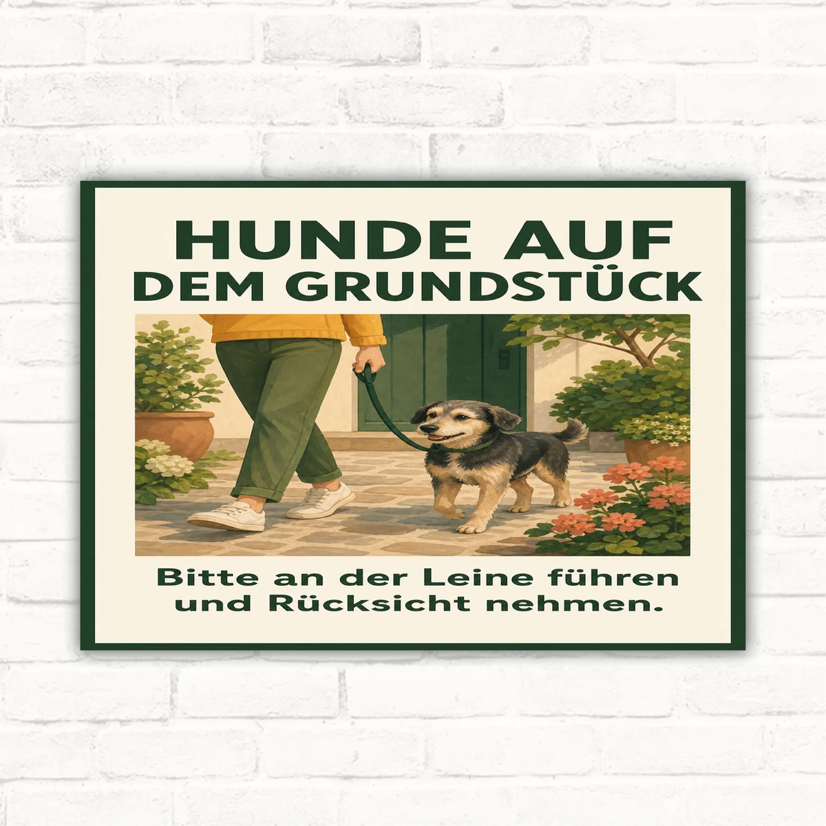 Hunde anleinen Schild „Hunde auf dem Grundstück“ mit gut lesbarem Motiv und klarer Beschriftung als bedrucktes Schild aus Aluminium-Verbundplatte.