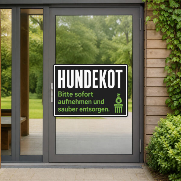 KI-generiertes Anwendungsbeispiel: Hundekot Aufkleber an grauer Fläche mit Hinweistext, Kotbeutel und Mülltonnenmotiv.