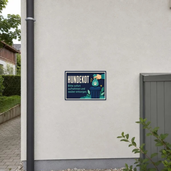 KI-generiertes Anwendungsbeispiel: Hundekot Aufkleber an grauer Fläche mit Hinweistext, Kotbeutel und Mülltonnenmotiv.