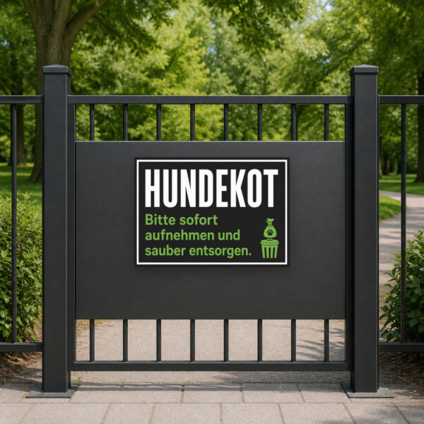 KI-generiertes Anwendungsbeispiel: Hundekot Schild „Bitte sofort aufnehmen und sauber entsorgen“ an einer hellen Ziegelwand.