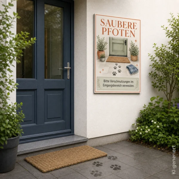 KI-generiertes Anwendungsbeispiel: Saubere Pfoten Aufkleber an einem Eingang mit Fußmatte, Pflanzen und Pfotenabdrücken.