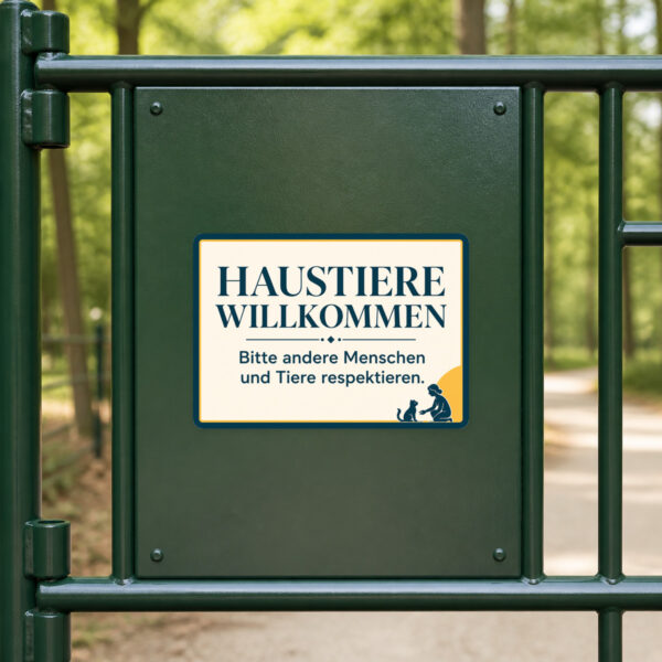 KI-generiertes Anwendungsbeispiel: Haustiere willkommen Aufkleber an einer Tür mit Hund, Katze und respektvollem Hinweis.