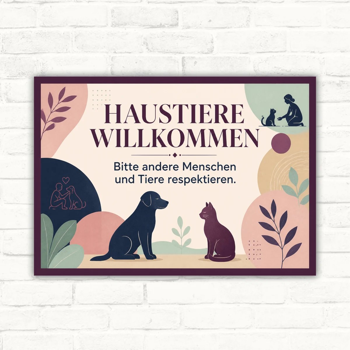 Haustiere willkommen Schild mit Hund, Katze und Text „Bitte andere Menschen und Tiere respektieren“ im Querformat.