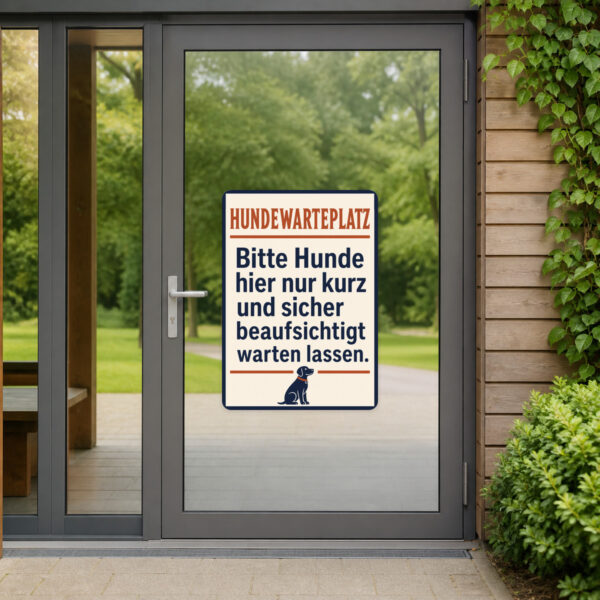 KI-generiertes Anwendungsbeispiel: Hundewarteplatz Aufkleber mit Hund, Halter und Hinweis für beaufsichtigtes Warten.