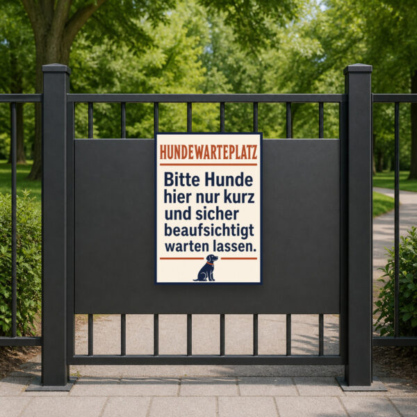 KI-generiertes Anwendungsbeispiel: Hundewarteplatz Schild mit Hund, Halter und Hinweis zum kurzen beaufsichtigten Warten.