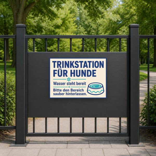 KI-generiertes Anwendungsbeispiel: Schild „Trinkstation für Hunde“ an einer Wand neben einem Wassernapf.