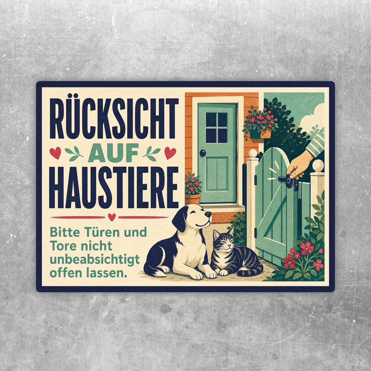 Aufkleber Rücksicht auf Haustiere mit Hund, Katze, Haustür und Gartentor als Hinweis zum Schließen von Türen und Toren.