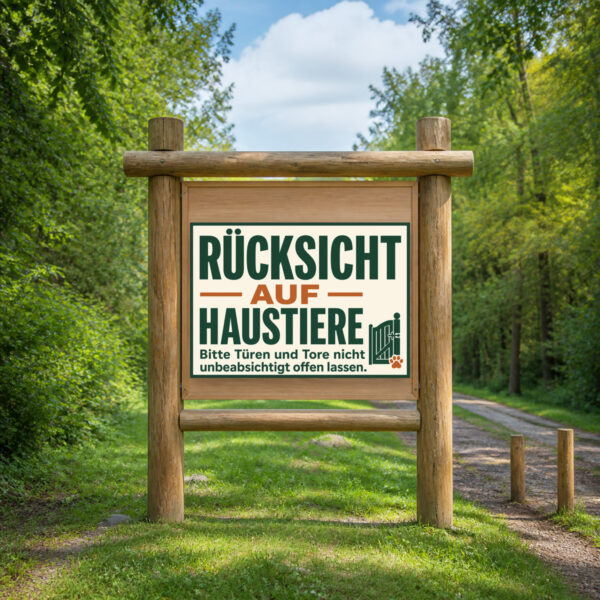 KI-generiertes Anwendungsbeispiel: Haustiere Schild „Rücksicht auf Haustiere – Türen und Tore nicht offen lassen“ am passenden Einsatzort mit gut sichtbarem Motiv und klarer Beschriftung.