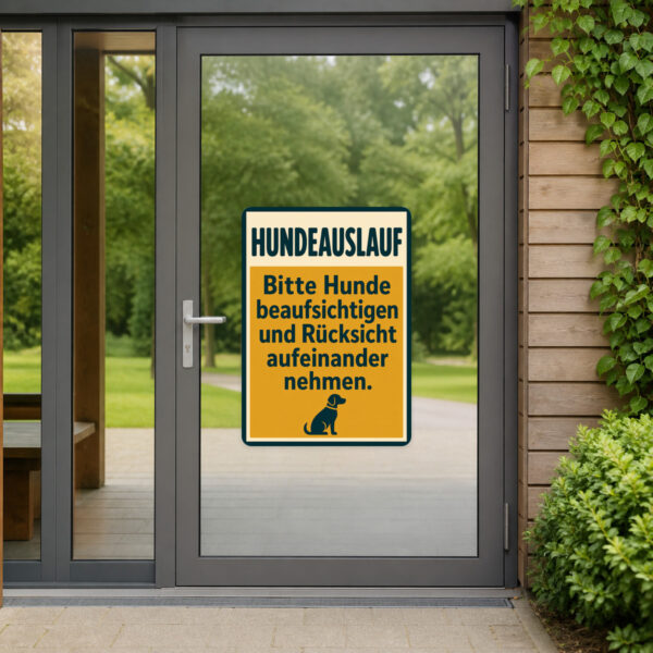 KI-generiertes Anwendungsbeispiel: Hundeauslauf Aufkleber mit Hunden, Personen und Rücksicht-Hinweis auf glatter Fläche.