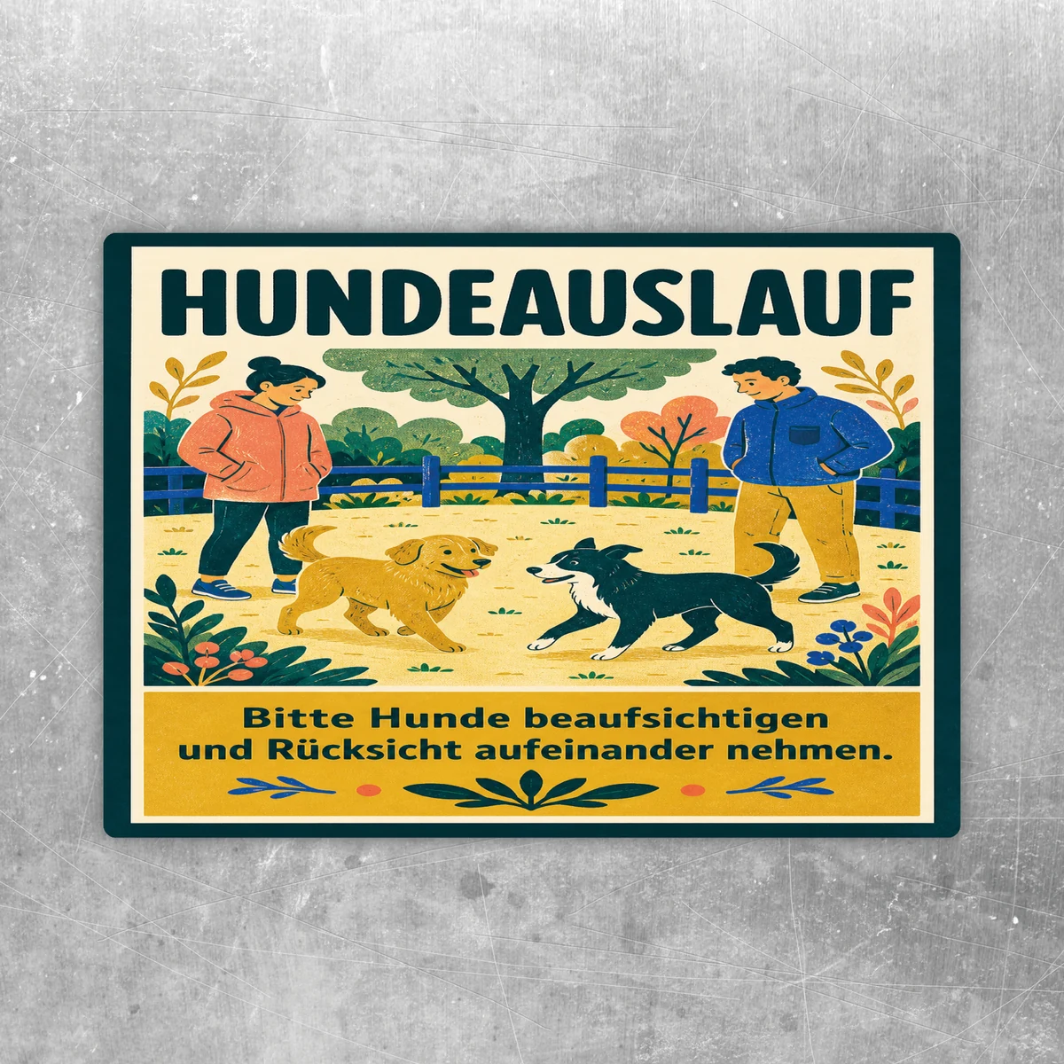 Hundeauslauf Aufkleber mit zwei Hunden, Personen und Hinweis Bitte Hunde beaufsichtigen und Rücksicht nehmen.