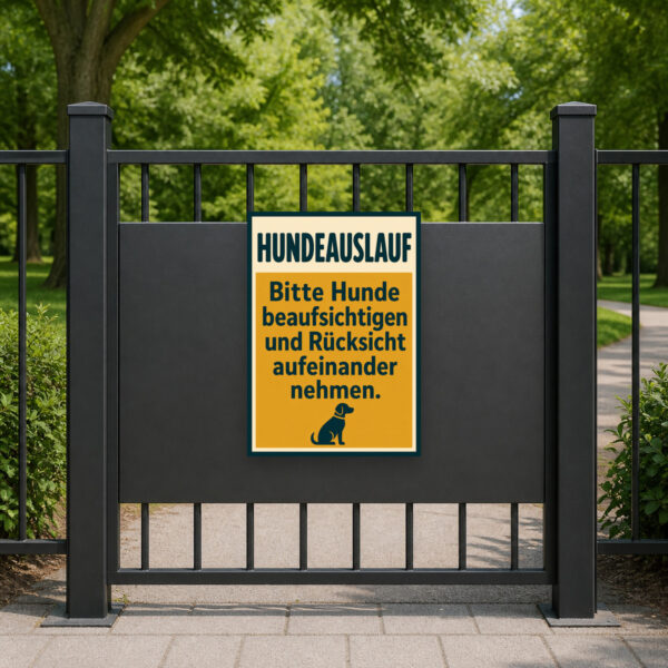 KI-generiertes Anwendungsbeispiel: Hundeauslauf Schild mit zwei Hunden und Hinweis „Bitte Hunde beaufsichtigen und Rücksicht aufeinander nehmen“.