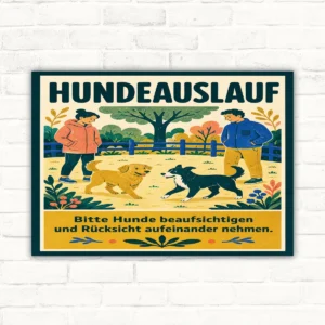 Hundeauslauf Schild mit Text „Bitte Hunde beaufsichtigen und Rücksicht aufeinander nehmen“ als illustriertes Hundewiesen-Schild.