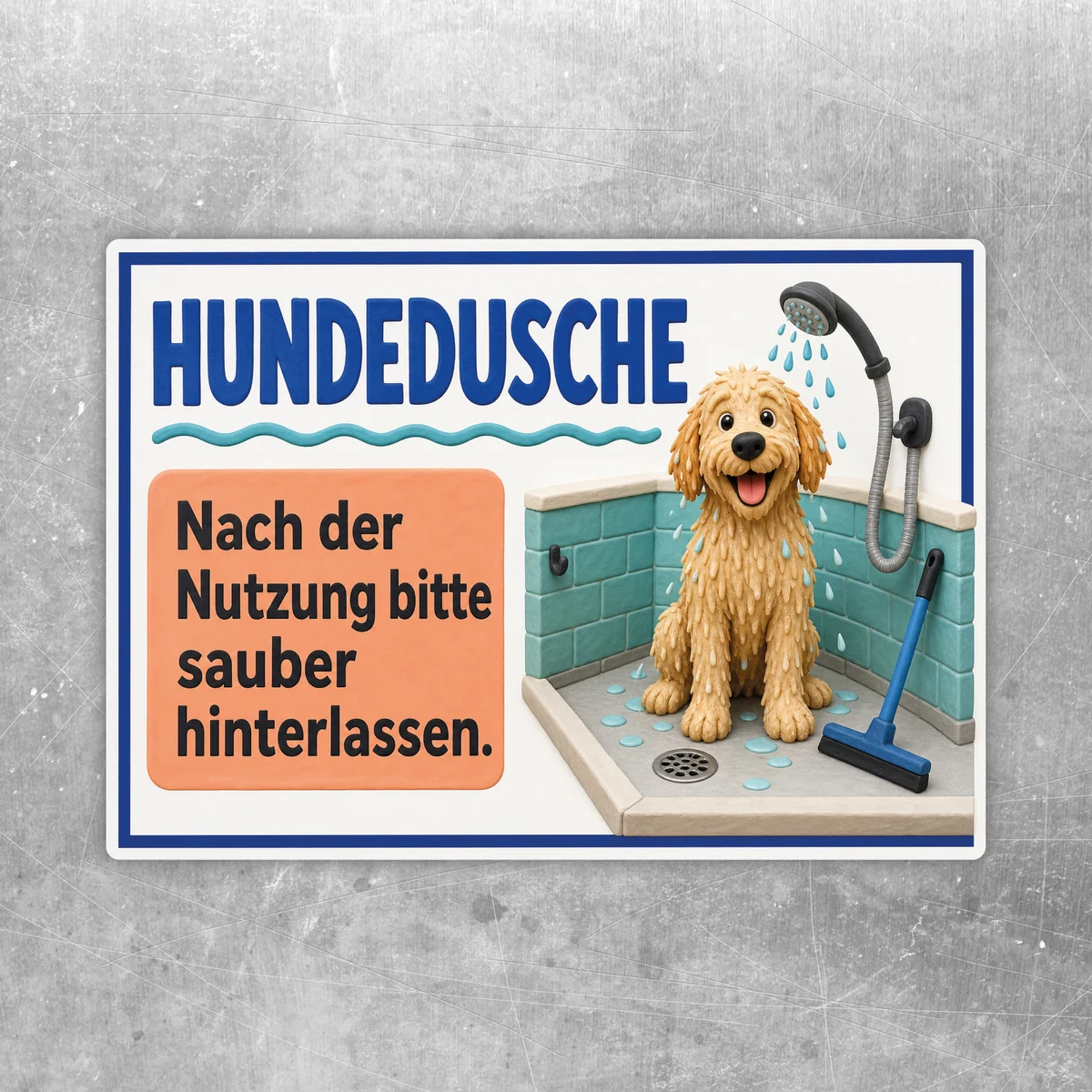 Hundedusche Aufkleber mit Hund unter Brause und Text Nach der Nutzung bitte sauber hinterlassen im Querformat.
