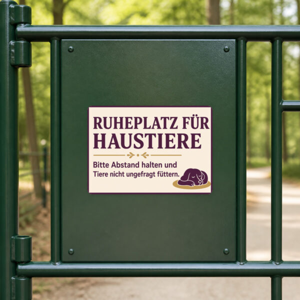KI-generiertes Anwendungsbeispiel: Ruheplatz für Haustiere Aufkleber an Wand mit Hund, Katze und Abstand-Hinweis.