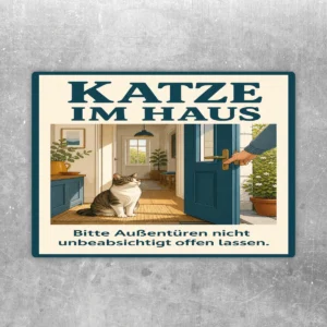Katze im Haus Aufkleber mit geöffneter Tür, Katze im Flur und Hinweis, Außentüren nicht unbeabsichtigt offen zu lassen.