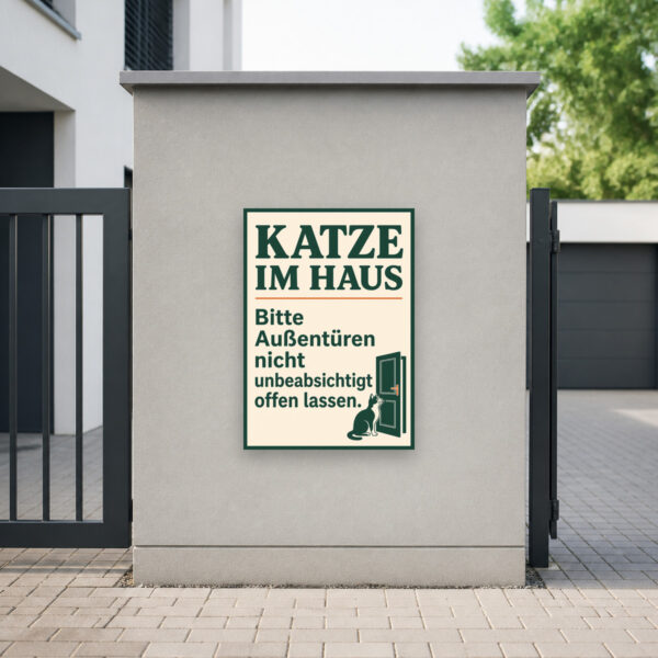 KI-generiertes Anwendungsbeispiel: Katze im Haus Schild – Außentüren nicht unbeabsichtigt offen lassen am passenden Einsatzort mit gut sichtbarem Motiv und klarer Beschriftung.