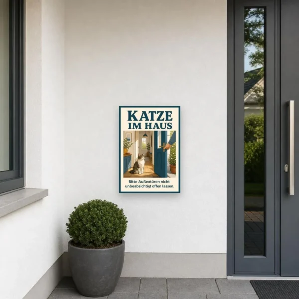 KI-generiertes Anwendungsbeispiel: Katze im Haus Schild – Außentüren nicht unbeabsichtigt offen lassen am passenden Einsatzort mit gut sichtbarem Motiv und klarer Beschriftung.