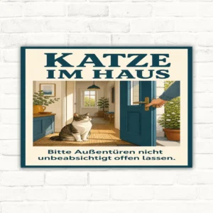 Katze im Haus Schild – Außentüren nicht unbeabsichtigt offen lassen mit gut lesbarem Motiv und klarer Beschriftung als bedrucktes Schild aus Aluminium-Verbundplatte.
