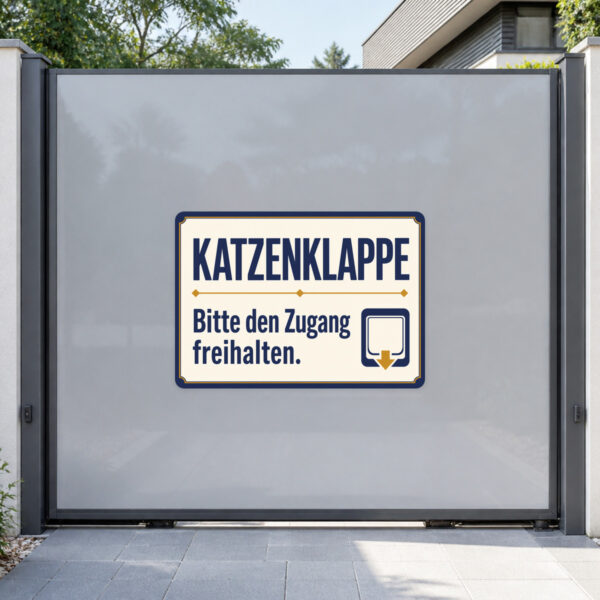 KI-generiertes Anwendungsbeispiel: Katzenklappe Aufkleber mit Katze und Hinweis Bitte den Zugang freihalten an Tür.