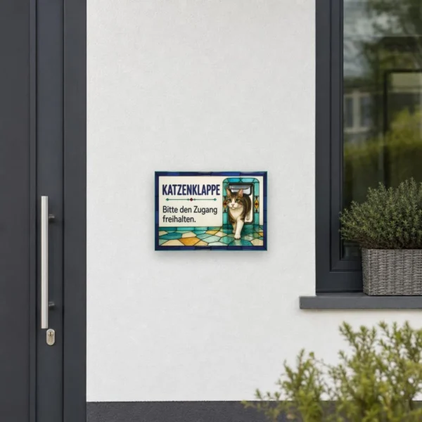 KI-generiertes Anwendungsbeispiel: Katzenklappe Schild „Bitte den Zugang freihalten“ an heller Wand mit Katze im Motiv.
