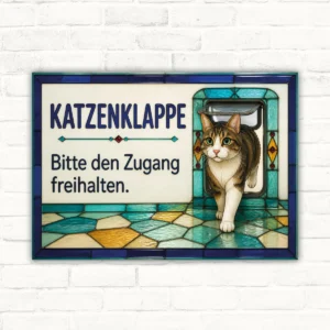 Katzenklappe Schild mit Text „Bitte den Zugang freihalten“ und Katze in farbig gestalteter Katzentür im Querformat.