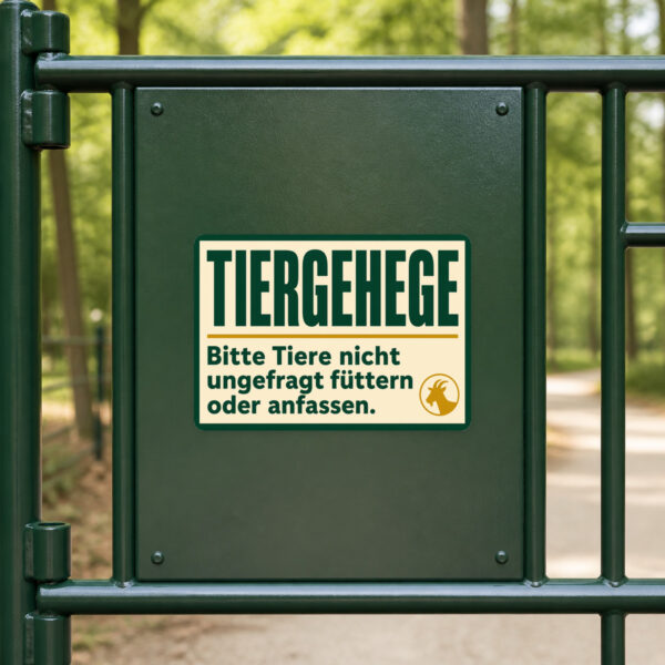 KI-generiertes Anwendungsbeispiel: Tiergehege Aufkleber am Eingang mit Hinweis zum Nichtfüttern und Nichtanfassen.