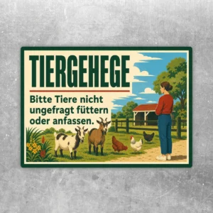 Tiergehege Aufkleber mit Ziegen, Hühnern und Hinweis Bitte Tiere nicht ungefragt füttern oder anfassen.