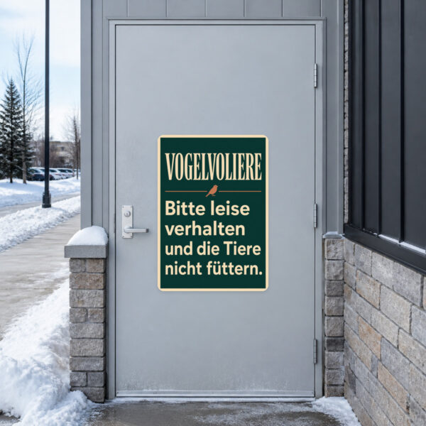 KI-generiertes Anwendungsbeispiel: Vogelvoliere Aufkleber an grauer Wand mit Naturmotiv und Fütterungshinweis.