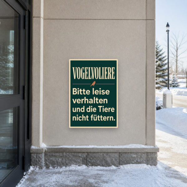 KI-generiertes Anwendungsbeispiel: Vogelvoliere Schild – Bitte leise verhalten und die Tiere nicht füttern am passenden Einsatzort mit gut sichtbarem Motiv und klarer Beschriftung.