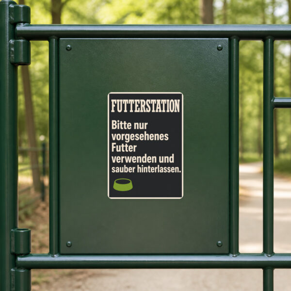 KI-generiertes Anwendungsbeispiel: Futterstation Aufkleber an glatter Fläche mit Hinweis auf Futterregeln und Sauberkeit.