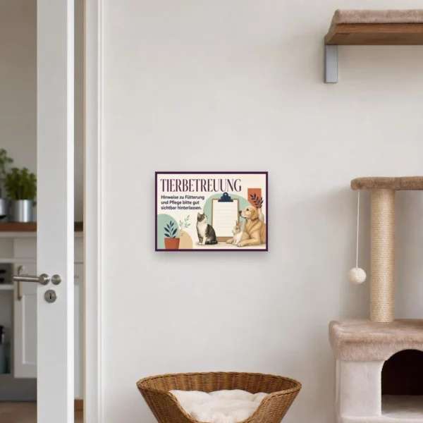 KI-generiertes Anwendungsbeispiel: Tierbetreuung Schild mit Hund, Katze, Kaninchen und Hinweis zu Fütterung und Pflege.