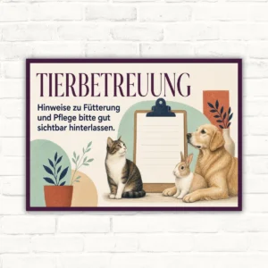 Tierbetreuung Schild mit Text „Hinweise zu Fütterung und Pflege bitte gut sichtbar hinterlassen“ und Haustiermotiv.