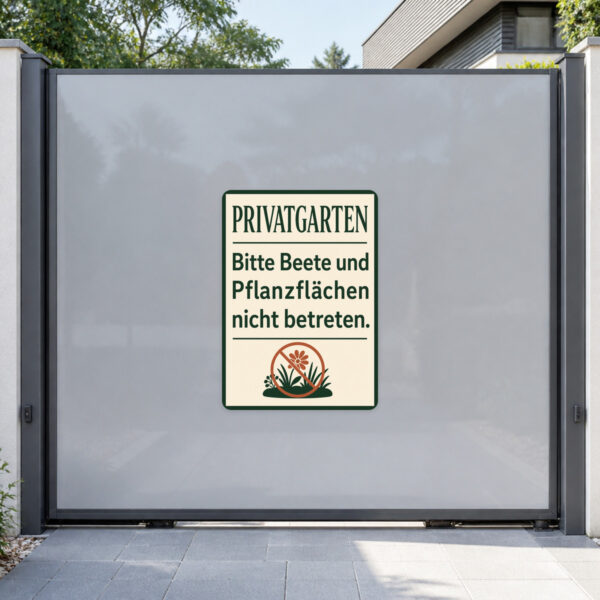 KI-generiertes Anwendungsbeispiel: Privatgarten Aufkleber mit Beet-Hinweis auf grauem Untergrund, dekoratives Gartenmotiv.