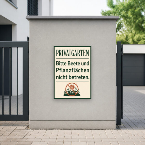 KI-generiertes Anwendungsbeispiel: Privatgarten Schild – Bitte Beete und Pflanzflächen nicht betreten am passenden Einsatzort mit gut sichtbarem Motiv und klarer Beschriftung.