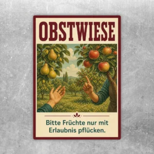 Obstwiese Aufkleber mit Äpfeln, Birnen und Hinweis Bitte Früchte nur mit Erlaubnis pflücken im burgunderroten Rahmen.