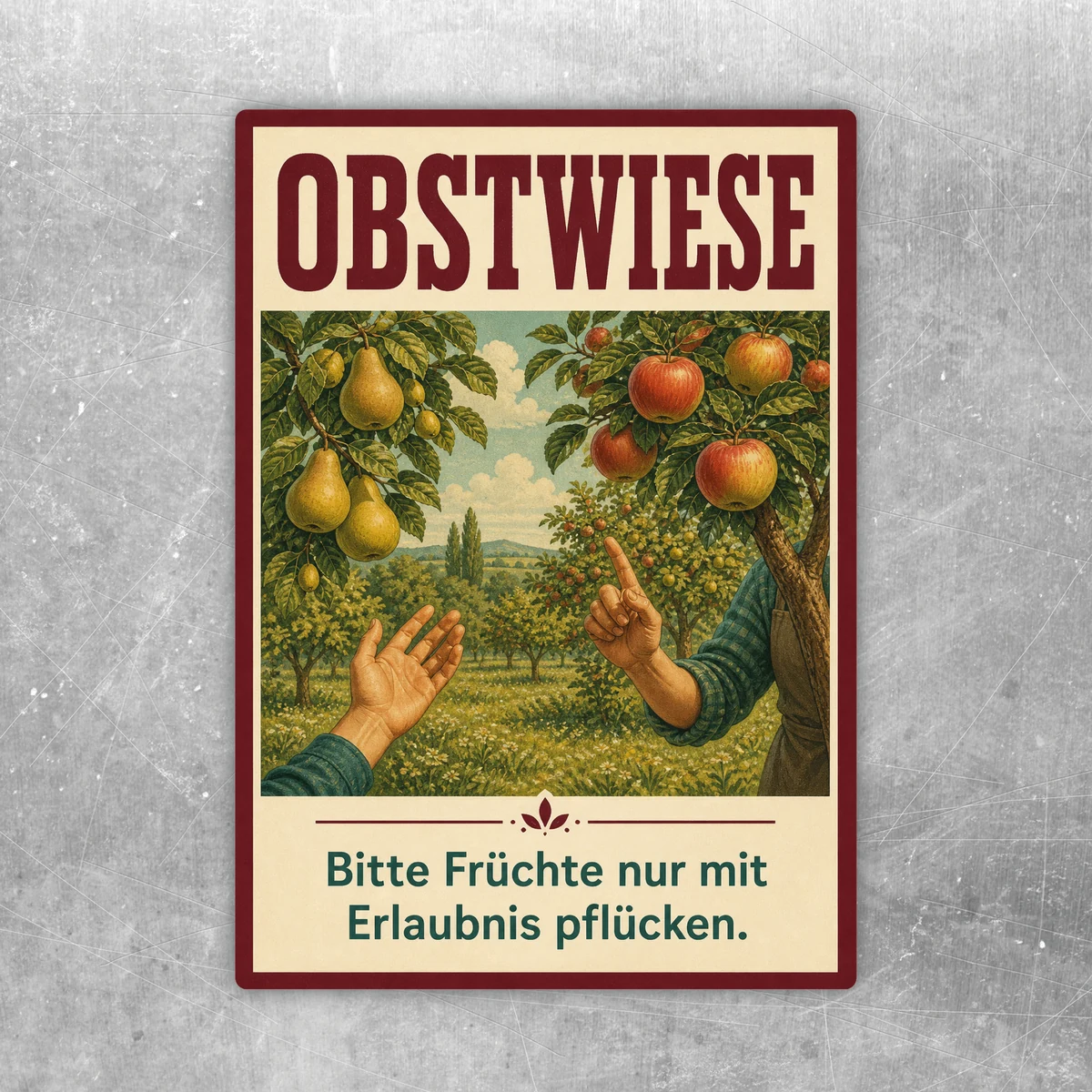 Obstwiese Aufkleber mit Äpfeln, Birnen und Hinweis Bitte Früchte nur mit Erlaubnis pflücken im burgunderroten Rahmen.