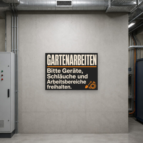 KI-generiertes Anwendungsbeispiel: Gartenarbeiten Schild mit Hinweis zu Geräten, Schläuchen und freien Arbeitsbereichen.