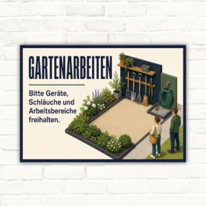 Gartenarbeiten Schild mit Text „Bitte Geräte, Schläuche und Arbeitsbereiche freihalten“ und Gartengeräte-Motiv.