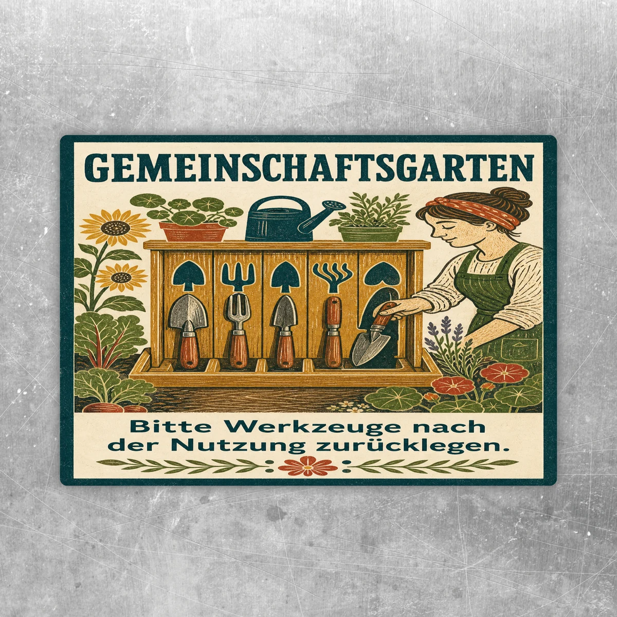 Gemeinschaftsgarten Aufkleber mit Werkzeugständer, Gartengeräten und Hinweis zum Zurücklegen nach Nutzung.
