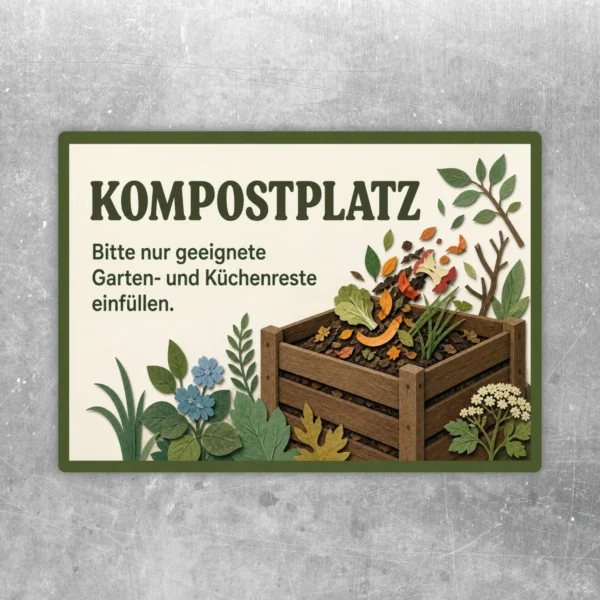 Kompostplatz Aufkleber im Querformat mit Pflanzen, Kompostkiste und Hinweis für geeignete Garten- und Küchenreste.