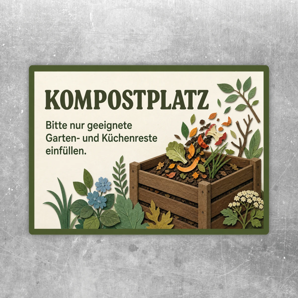 Kompostplatz Aufkleber im Querformat mit Pflanzen, Kompostkiste und Hinweis für geeignete Garten- und Küchenreste.
