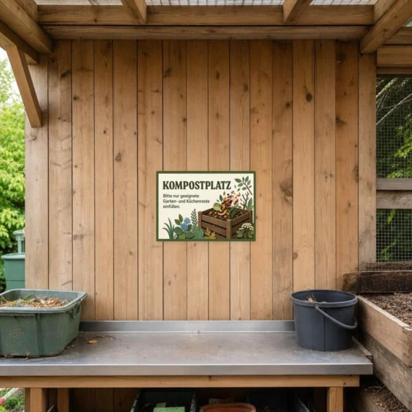 KI-generiertes Anwendungsbeispiel: Kompostplatz Aufkleber mit grünem Rahmen, Kompostkiste und Hinweistext im Gartenbereich.